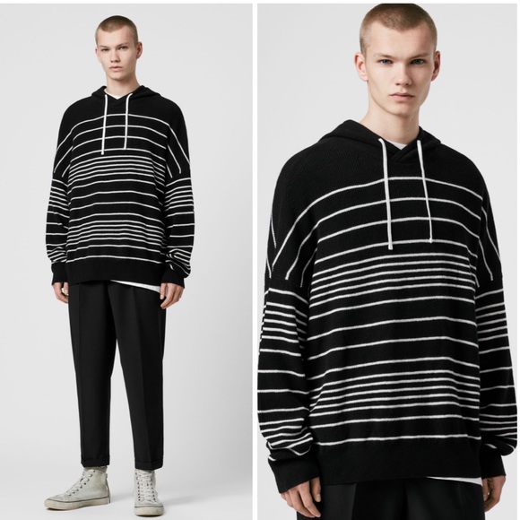 All Saints Other - ALLSAINTS Reverb Hooded Stripes Contemporary Wool Blend Sweater Black Ecru